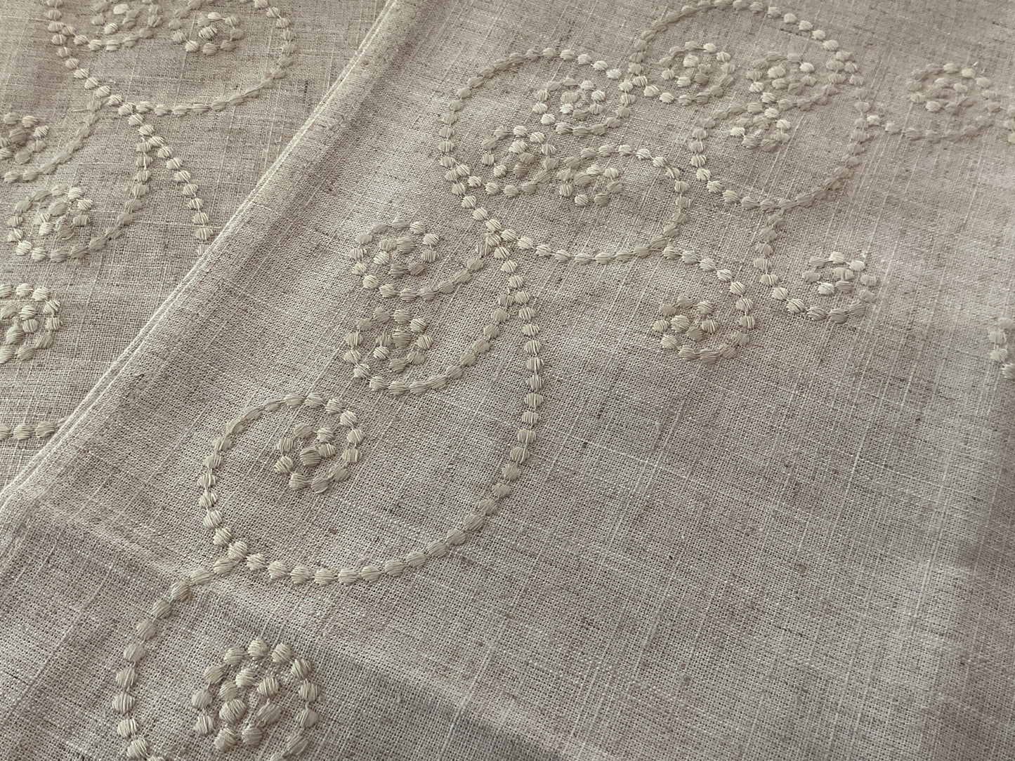 Swirl Embroidered table runner, natural linen, 16”x72”