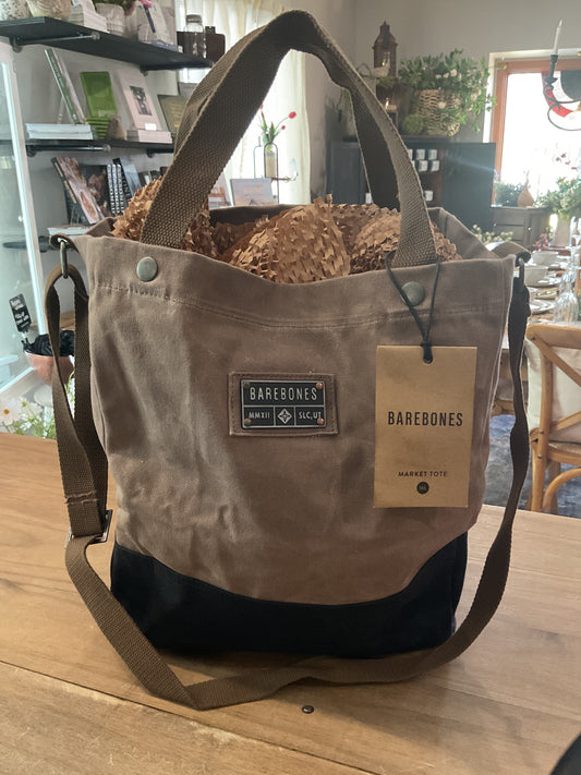 Barebones Neelum market tote bag, waxed canvas khaki