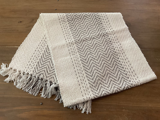 Fringe stripe/stitch table runner, cream/grey, 72”x16”