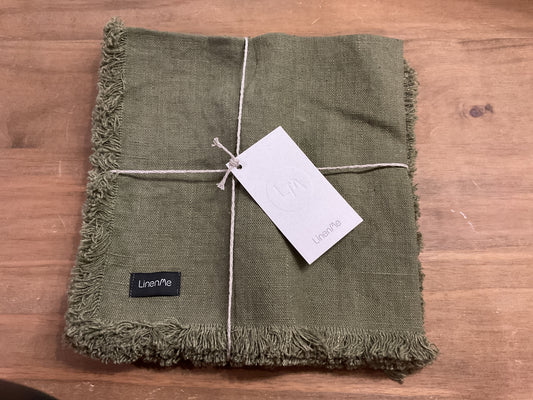 LinenMe European linen fringed napkins, set of 4, olive, 45cmx45cm