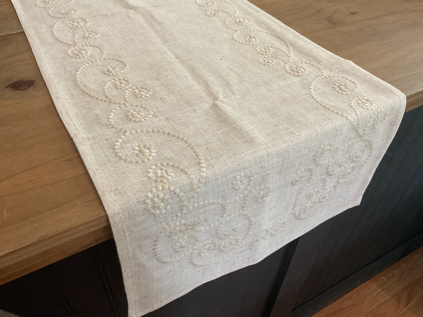Swirl Embroidered table runner, natural linen, 16”x72”