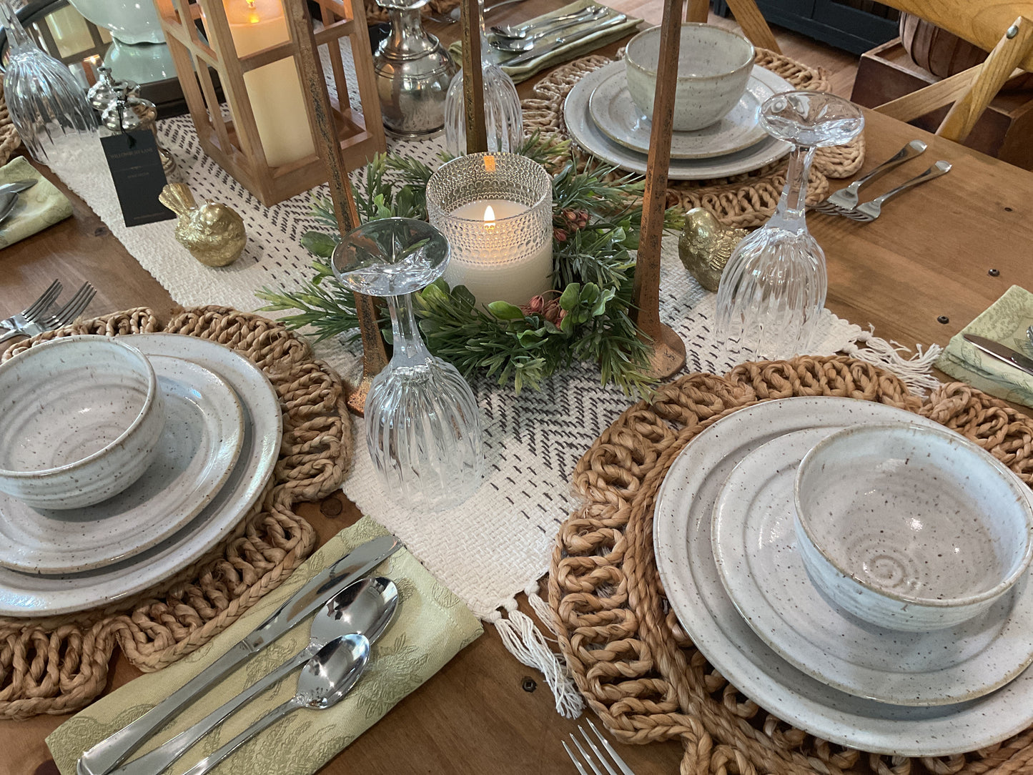 Fringe stripe/stitch table runner, cream/grey, 72”x16”