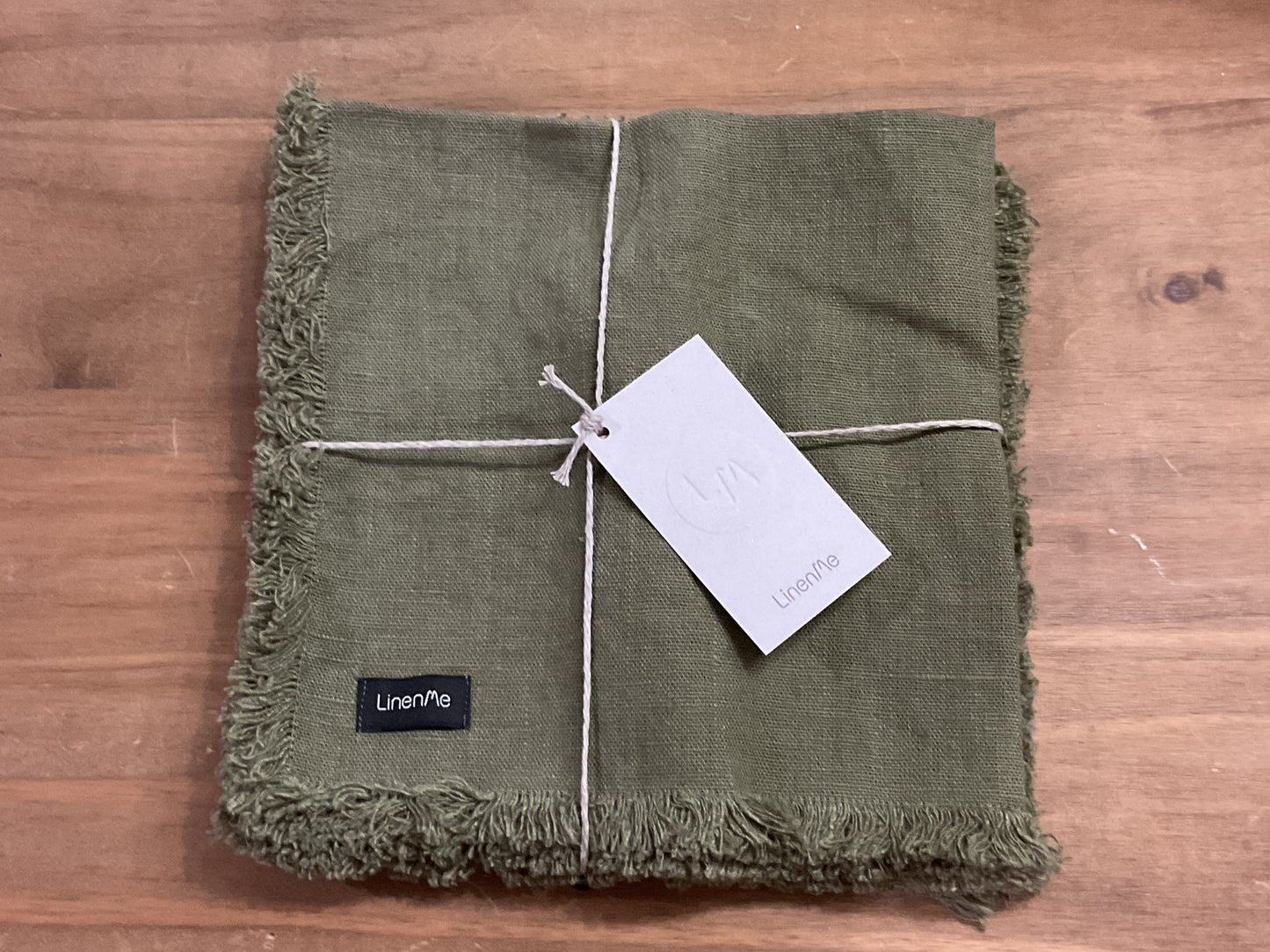 LinenMe European linen fringed napkins, set of 4, olive, 45cmx45cm